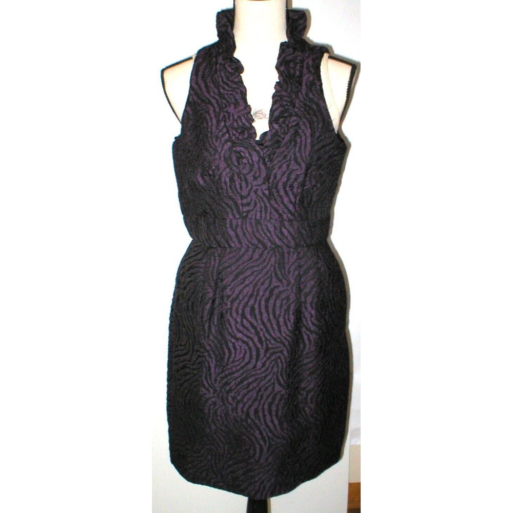 New Womens NWT $269 Taylor Dress 10 Sheath Purple Black Textured Viscose Ruffle